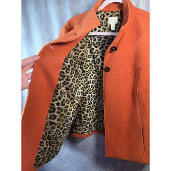 Chicos Orange Wool Blend Swing Coat Leopard Print Lining Mock Neck Womens Size 3 - Picture 6 of 8